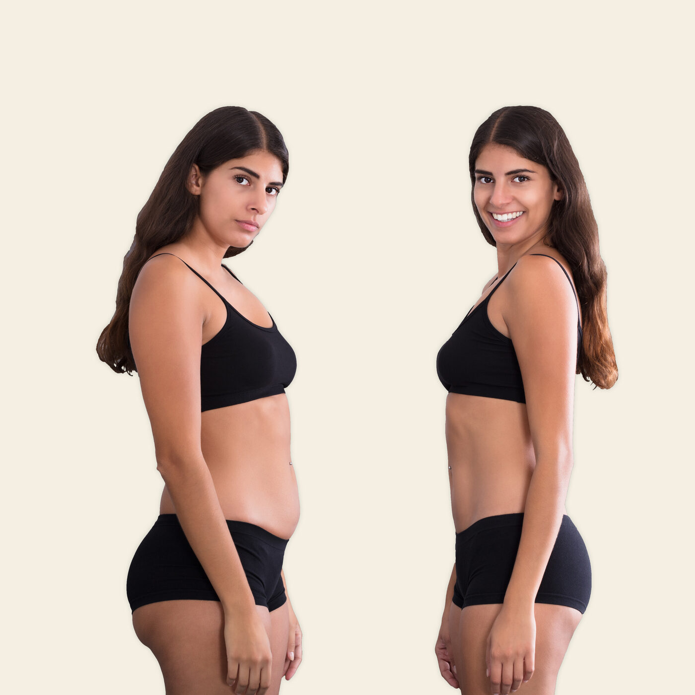 A woman in a black sports top and shorts, shown from the side and from the front